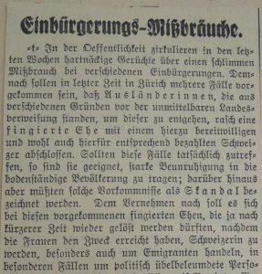 Artikel mit dem Titel „Einbürgerungs-Mißbräuche“, Zürcher Volkszeitung, 16.11.1934