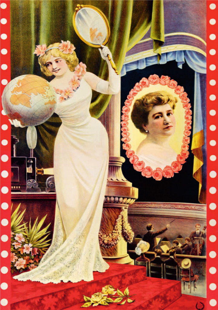 Werbeplakat für Mizzi Schäffers Grand Kinematographentheater in Wien um 1908. Abgebildert ist eine Dame mit weißen Klad, die einen Globus in der Hand hält.