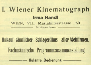 Schriftannonce für das Kina von Irma Handl in der Kinematographische Rundschau, 20.8.1911.