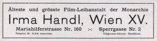 Annonce für die Verleihfirma von Irma Handl in Wien, in der Kinematographischen Rundschau, 6.7.1913.