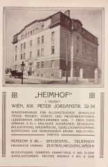 Postkarte mit Zeichnung des „Heimhof Frauenwohnheimes“ in der Peter-Jordan-Straße 32-34, im 19. Bezirk, Wien