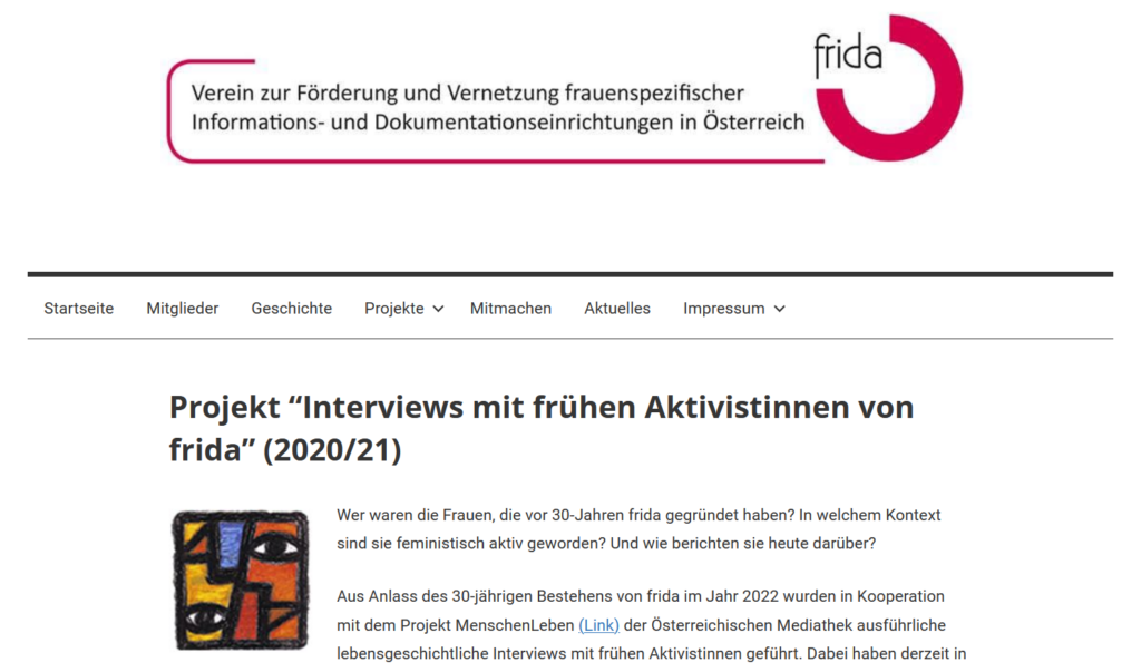 Screenshot von der frida-Website, Unterseite zum Projekt "Interviews mit frühen Aktivistinnen von frida"