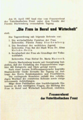 Vorwort zur Publikation des Berichts der Tagung "Die Frau in Beruf und Wirtschaft", veranstaltet vom Frauenreferat der Vaterländischen Front, 1937, in Wien.
