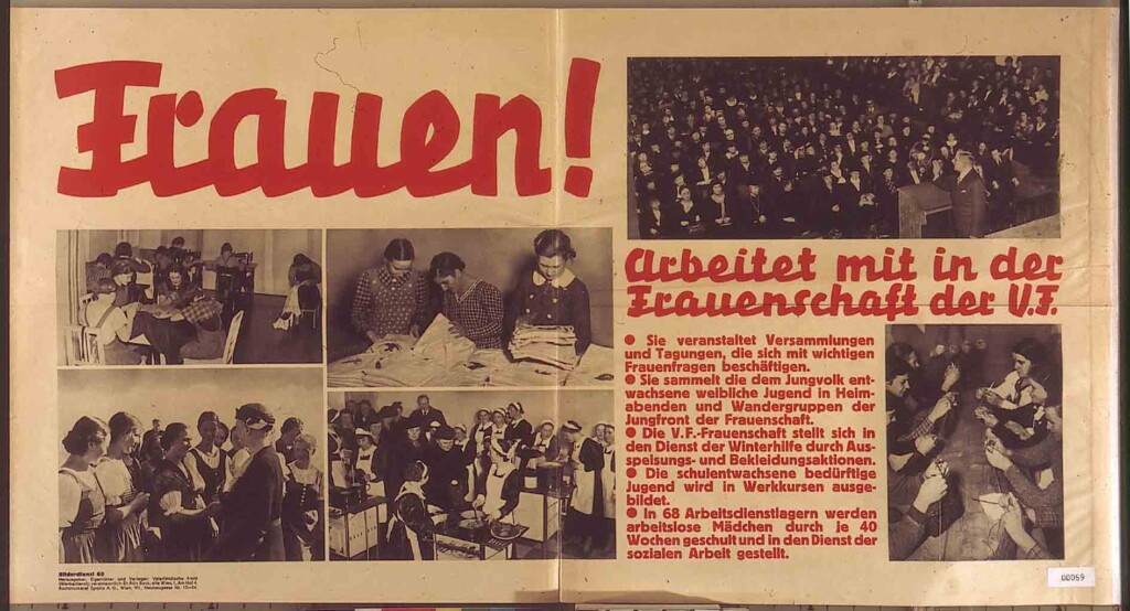 Werbung des Frauenreferats der Vaterländischen Front aus einem Magazin auf zwei Seiten gedruckt. Sichtbar sind Abbildungen von Frauen in einem Saal, sowie von Kindern und Frauen bei Veranstaltungen.