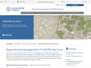 Screenshot der Startseite des Repositorienmanagement PHAIDRA-Services an der Universität Wien