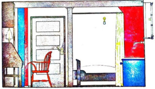Skizze eines Wohnraums. Rechts steht ein Bett, links stehen ein Sekretär und ein Sessel.