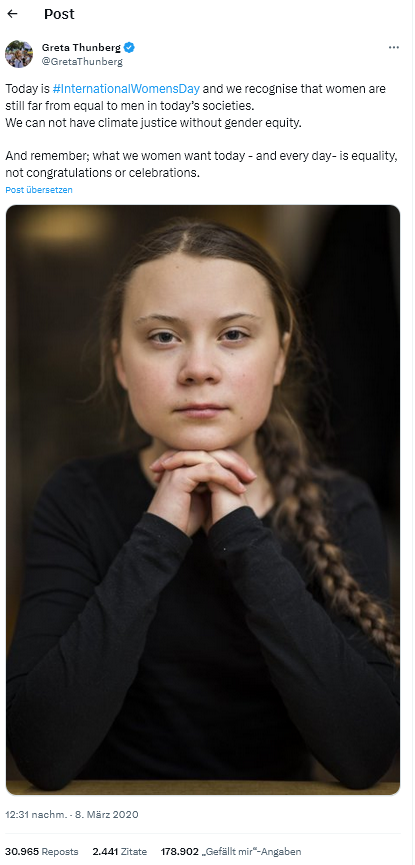 Abbildung des Tweets von Greta Thunberg mit dem Zitat aus dem Text und einem Porträtfoto von ihr mit schwarzem Sweater und geflochtenen Haaren.