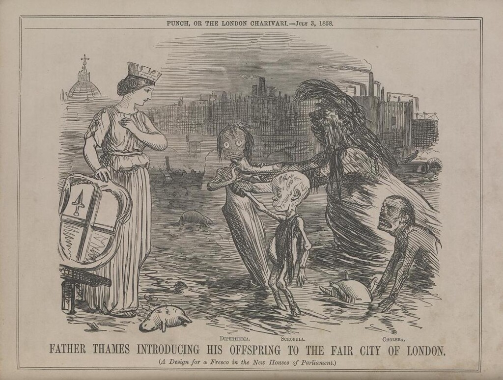 Zeichnung aus dem Jahr 1858, in der "the Punch" die Krankheiten der Themse in England beklagt. Die personifizierte Figur der London sieht auf die Figur der Themse, der zwei Kinder zur London hinschiebt, die von Unterernährung und Krankheit gezeichnet sind.