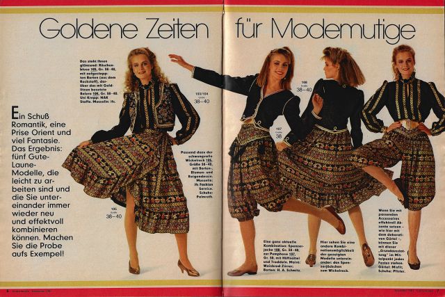 Four women presenting clothes in the magazine Burda Moden. The şalvar inspires clothes shown by the women in the centre and on the right.
